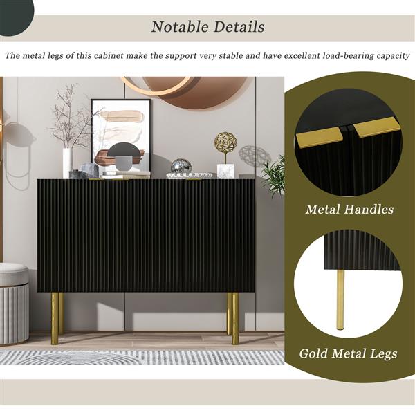 Modern Simple & Luxury Style Sideboard Particle Board & MDF Board Cabinet with Gold Metal Legs & Handles, Adjustable Shelves for Living Room, Dining Room (Black)