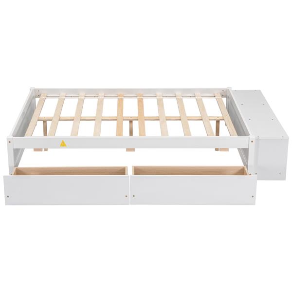 Full Size Bed with Storage Case, 2 Storage drawers, Lengthwise Support Slat,White