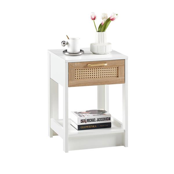 15.75" Rattan End table with  drawer, Modern nightstand, side table for living room, bedroom,white