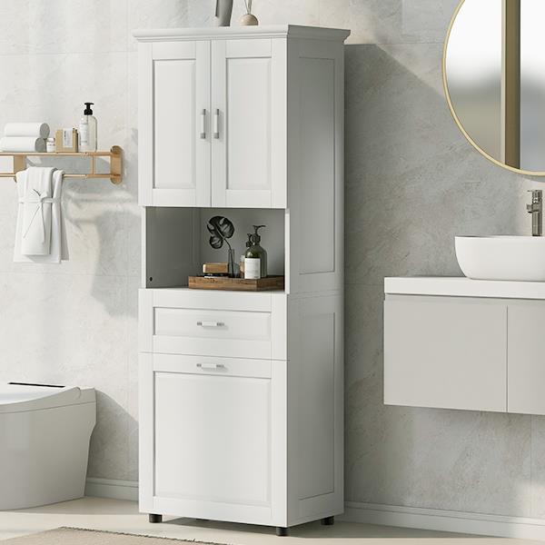 Tall Bathroom Cabinet with Laundry Basket, Large Storage Space Tilt-Out Laundry Hamper and Upper Storage Cabinet, White