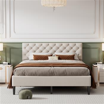 Upholstered Linen Platform Bed, Queen Size, Beige