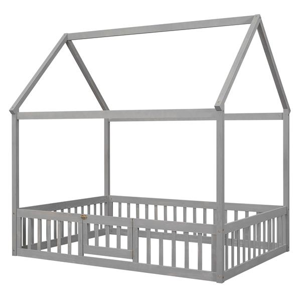 Full Size Wood House Bed with Fence and Door, Gray Wash