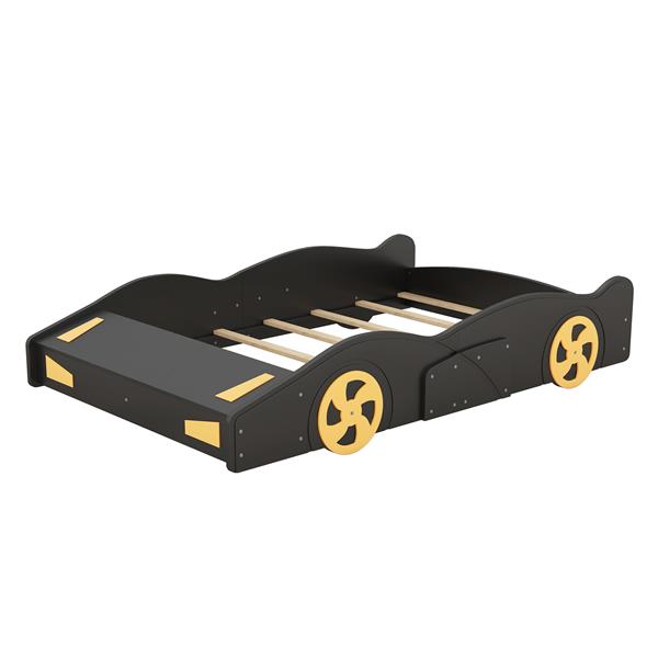 Full Size Race Car-Shaped Platform Bed with Wheels and Storage, Black+Yellow