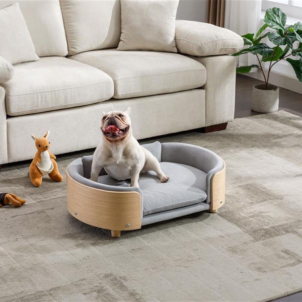 Scandinavian style Elevated Dog Bed Pet Sofa With Solid Wood legs and Bent Wood Back, Velvet Cushion,Mid Size Light Grey