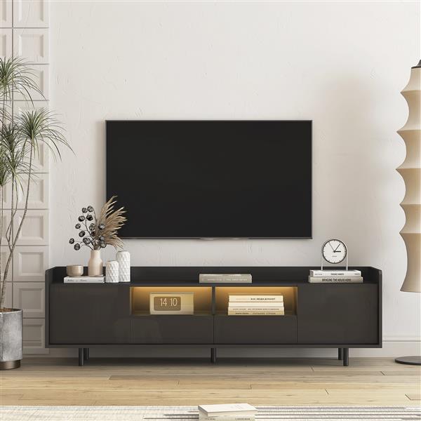 High Gloss TV Stand with LED Light for TVs up to 70 inche, Modern Home Entertainment Center with Open Shelves and Drawers, Media Console TV Stand for Living Room