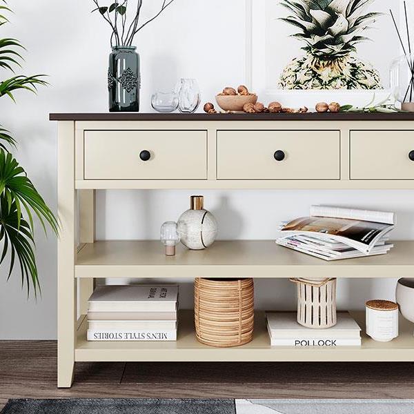 Retro Design Console Table with Two Open Shelves, Pine Solid Wood Frame and Legs for Living Room (Espresso+Beige)