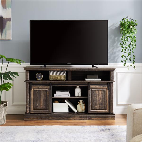 Media Console Table with Storage Cabinet, Mid Century style Entertainment TV Table, Multipurpose Sliding Door TV Cabinet  Large Storage Space, 58.11"W*15.79"D*32.36"H Antique brown