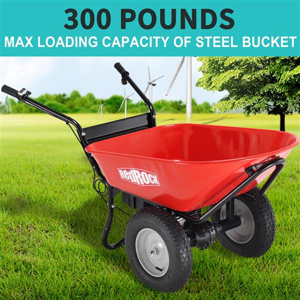 RedRock Wheelbarrow Utility Cart Electric Powered 24V DC 180W AGM Battery 330lbs (150kgs) Max Capacity Barrel Dump Material Debris Hauler