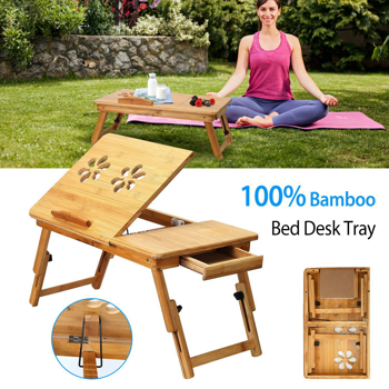 Bamboo Laptop Desk, Adjustable Portable Breakfast Serving Bed Tray with Tilting Top Drawer for Surfing Reading Writing Eating (Bamboo)