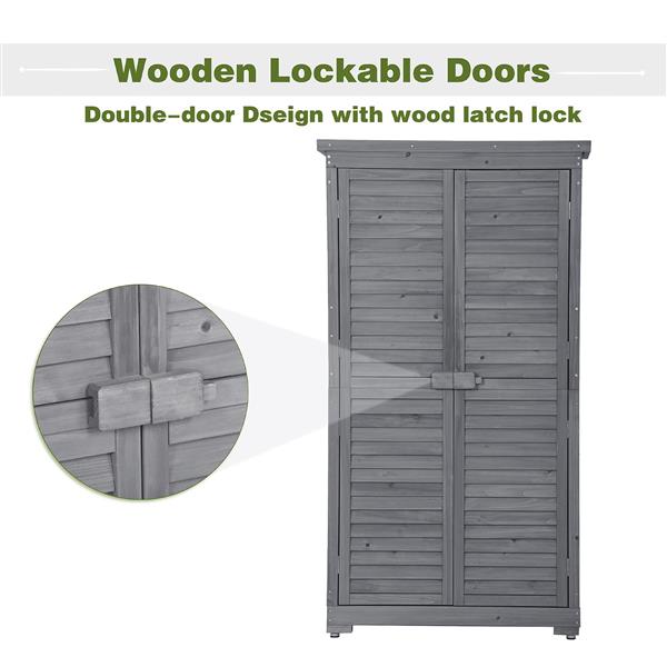 Wooden Garden Shed 3-tier Patio Storage Cabinet Outdoor Organizer Wooden Lockers with Fir Wood (Gray Wood Color -Shutter Design)