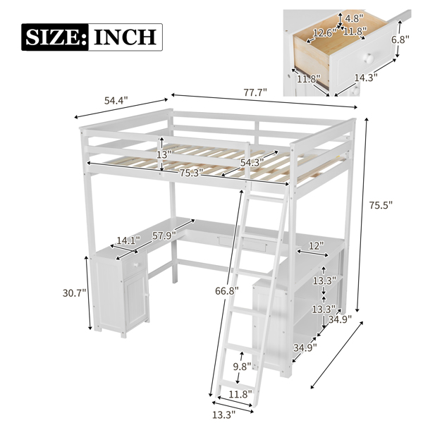 Full Size Loft Bed with U-shaped Desk, Drawers and Storage Shelves, White