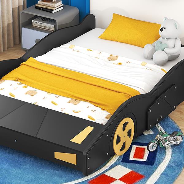 Full Size Race Car-Shaped Platform Bed with Wheels and Storage, Black+Yellow