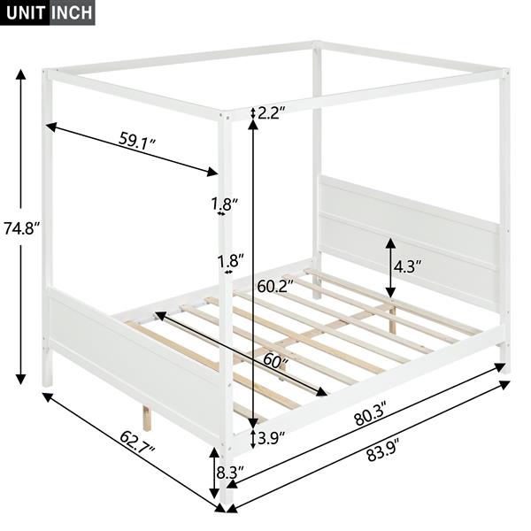 Queen Size Canopy Platform Bed with Headboard and Footboard,Slat Support Leg - White