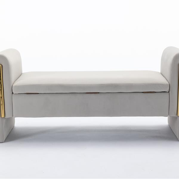 032-Velvet Fabric Storage Bench Bedroom Bench With Gold Metal Trim Strip For Living Room Bedroom Indoor,Light Gray