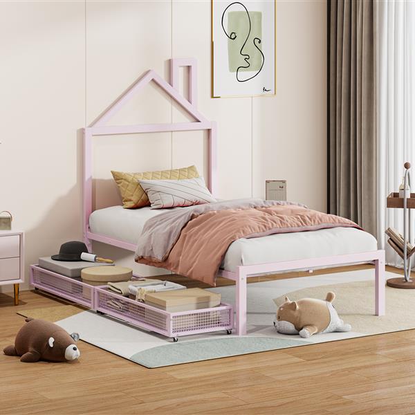 Twin Size Metal Platform Bed with two drawers,House-Shaped Headboard Design, Pink