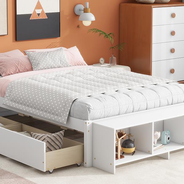 Full Size Bed with Storage Case, 2 Storage drawers, Lengthwise Support Slat,White