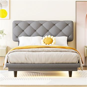 Twin Size Upholstered Bed with Light Stripe, Floating Platform Bed, Linen Fabric,Gray