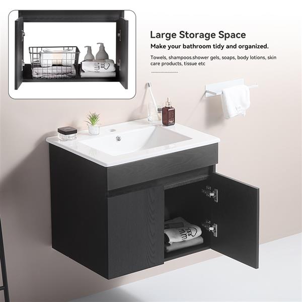 24 Inch Wall Mounted Bathroom Vanity with White Ceramic Basin,Two Soft  Close Cabinet Doors, Solid Wood,Excluding faucets,black