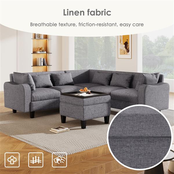 [New]87" Modern Sectional Sofa with coffee table,6-Seat Couch Set with Storage Ottoman,Various Combinations,L-Shape Indoor Furniture with Unique Armrests for Living Room,Apartment, 2 Colors(6 pillows)