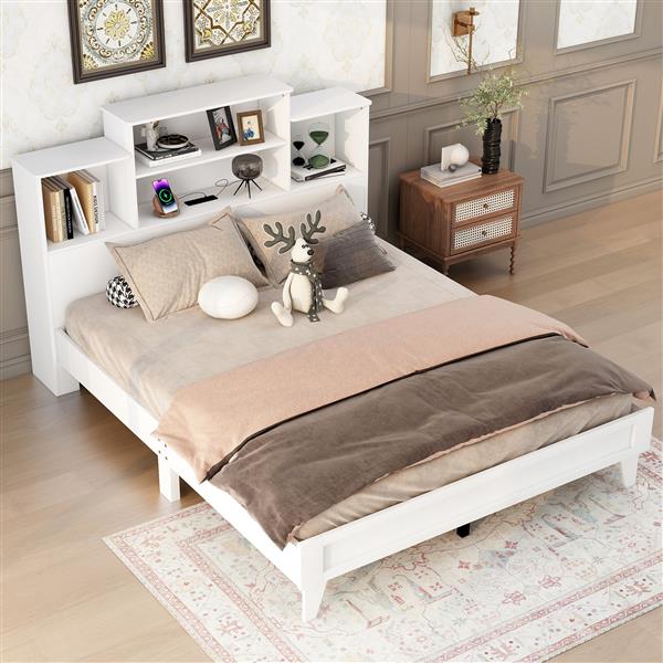 Queen Size Storage Platform Bed Frame with 4 Open Storage Shelves and USB Charging Design,White