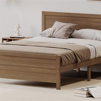 Wood Platform Bed Frame with Headboard, Mattress Foundation with Wood Slat Support, No Box Spring Needed, King Size, Walnut