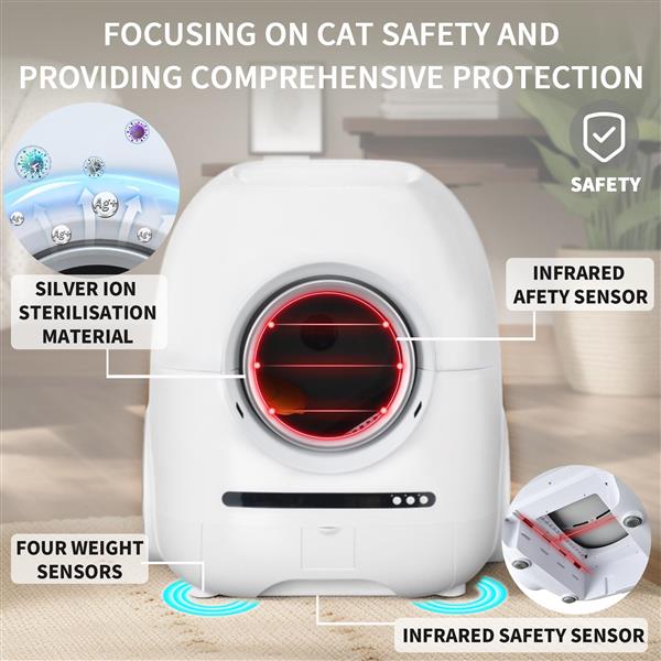 Self-cleaning cat litter box, 68L+9L, suitable for a variety of cat litter, APP control, real-time video, photo and video, safe and reliable, ionic deodorization, with exhaust hose, support WiFi