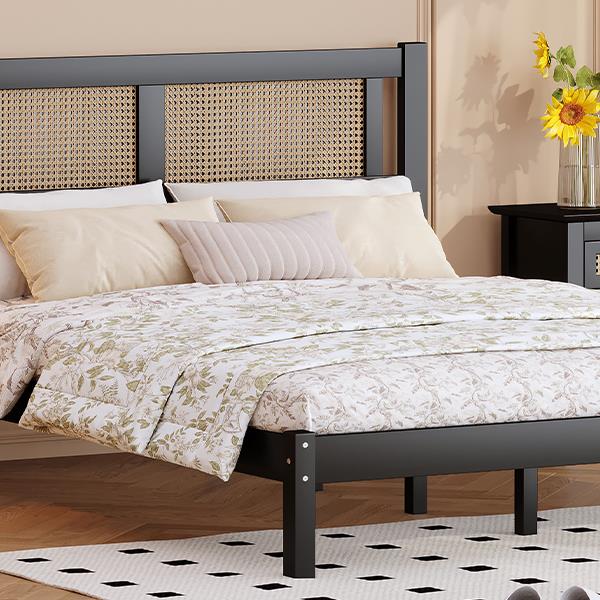 Queen Size Wooden Platform Bed with Natural Rattan Headboard, Exquisite Elegance with Minimalist Charm for Bedroom, Black