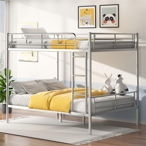 Metal Loft Bed Full Size, Heavy Duty Metal Loft Bed Frame with Dual Ladders & Safety Guardrail, No Box Spring Needed, Space-Saving Loft Bed for Juniors Teens Adults (silver)