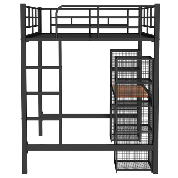 Full Size Metal Loft Bed with Built-in Desk and Shelves, Black+Brown