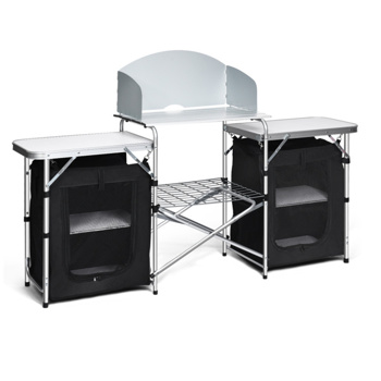 Foldable camping kitchen with 2-sided windshield pockets