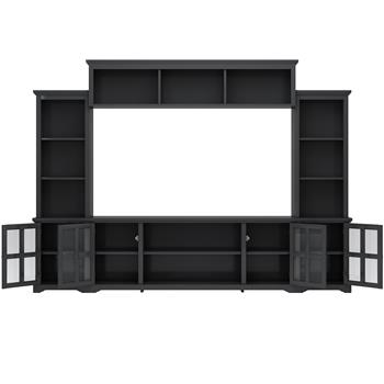 Minimalism Style Entertainment Wall Unit with Bridge, Modern TV Console Table for TVs Up to 70\\", Multifunctional TV Stand with Tempered Glass Door, Black