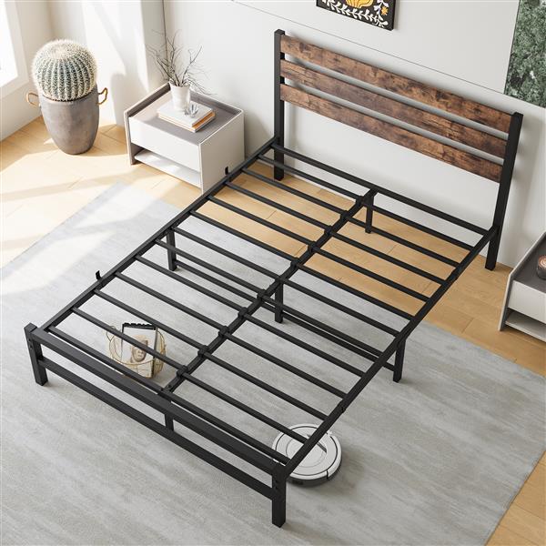 Full Size Platform Bed Frame with Rustic Vintage Wood Headboard, Strong Metal Slats Support Mattress Foundation, No Box Spring Needed Rustic Brown