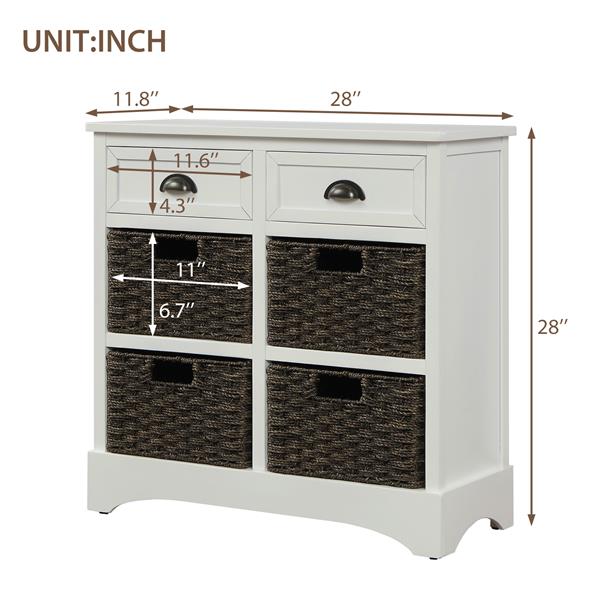 Rustic Storage Cabinet with Two Drawers and Four  Classic Rattan Basket for Dining Room/Living Room (White)