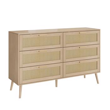 Rattan 6 Drawers Chest of Dressers for Bedroom, Modern 6 Drawer Dresser, Wide Chest of Drawers with wood Handles, Rattan Dresser Storage Cabinet for Living Room, Bedroom, Hallway 