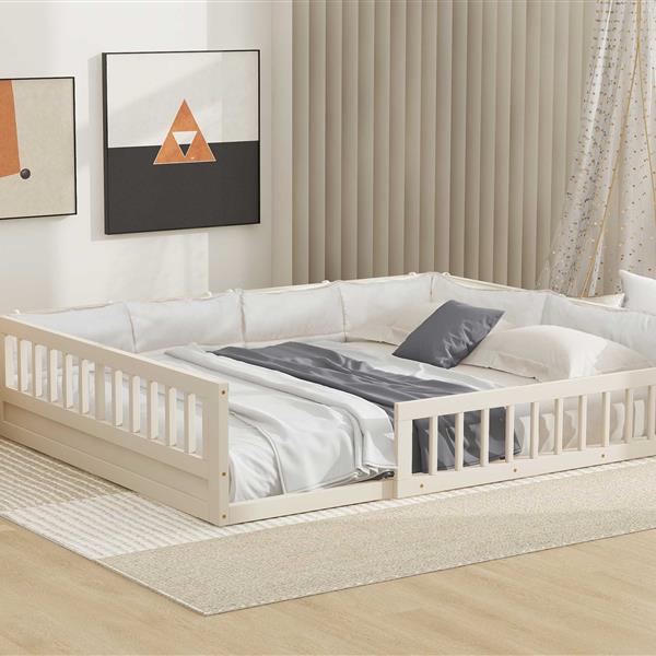 Wood Full Size Upholstered Platform Bed with Guardrail and Pillow, Beige