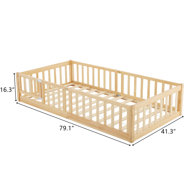 Fence bed with door and decking, natural wood color, painted surface, pine wood, twin children's bed