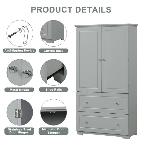 Wide Bathroom Storage Cabinet, Freestanding Storage Cabinet with Two Drawers and Adjustable Shelf, MDF Board with Painted Finish, Grey