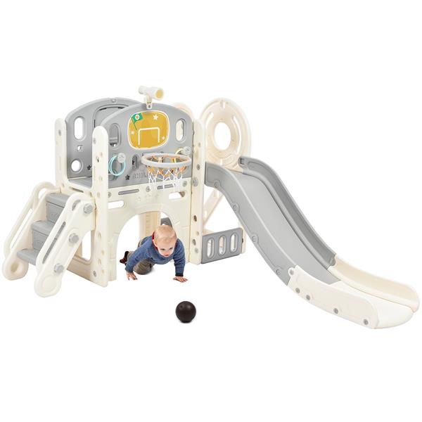 Kids Slide Playset Structure,  Castle Climbing Crawling Playhouse with Slide, Arch Tunnel, Ring Toss, and Basketball Hoop, Toy Storage Organizer for Toddlers, Kids Climbers Playground