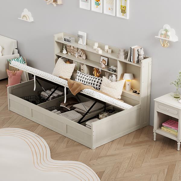 Twin Size Daybed Frame with Storage Bookcases and Underneath Storage, USB Charging Station, Gray