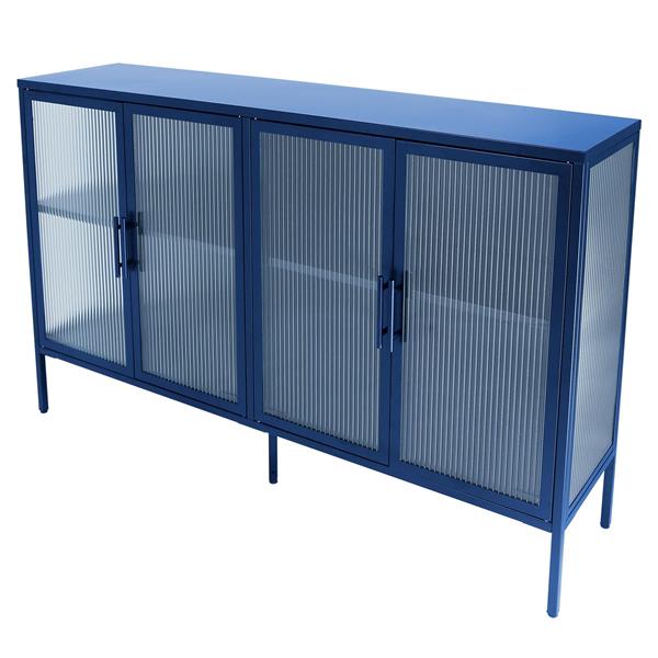 Stylish 4-Door Tempered Glass Cabinet with 4 Glass Doors Adjustable Shelf and Feet Anti-Tip Dust-free Fluted Glass Kitchen Credenza Blue