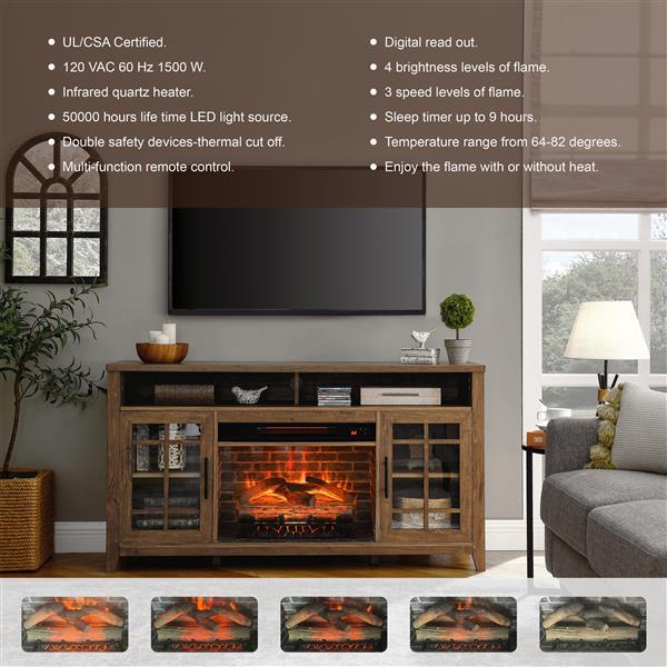 55 inch TV Media Stand with Electric Fireplace KD Inserts Heater,Reclaimed Barnwood Color