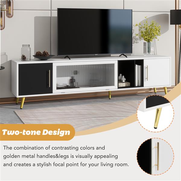 Stylish TV Stand with Golden Metal Handles&Legs, Two-tone Media Console for TVs Up to 80", Fluted Glass Door TV Cabinet with Removable Compartment for Living Room, White