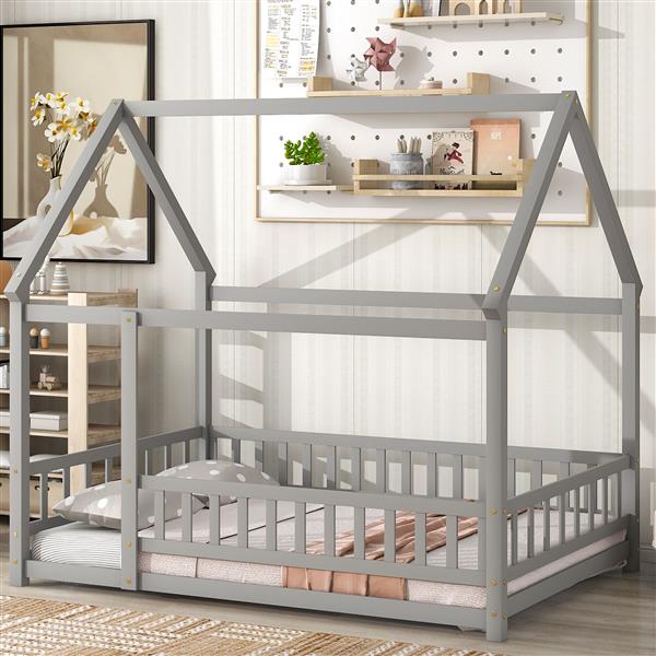 Full Size Floor Wooden Bed with House Roof Frame, Fence Guardrails ,Grey