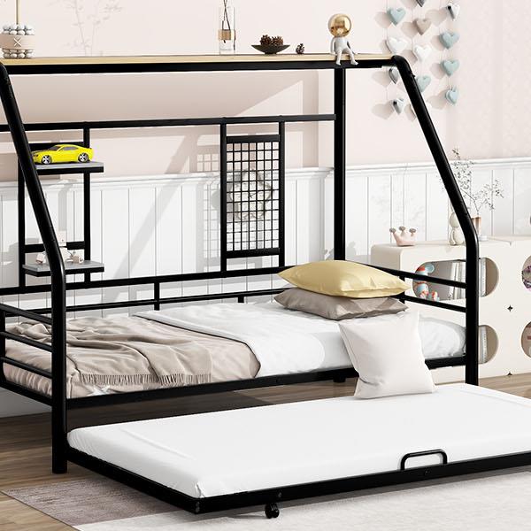 Twin Size Metal House Bed with Trundle, Black