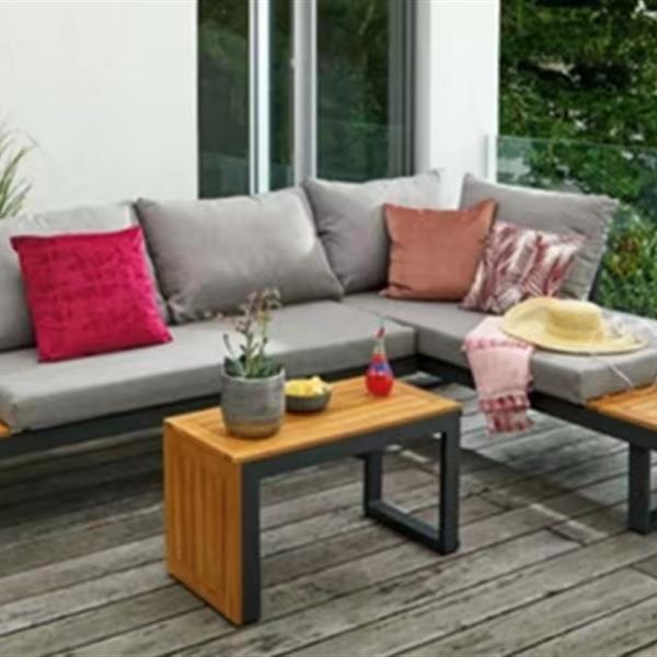 Aluminum Patio Furniture Set, Outdoor L-Shaped Sectional Sofa with Plastic Wood Side Table and Soft Cushion for Backyard Poolside