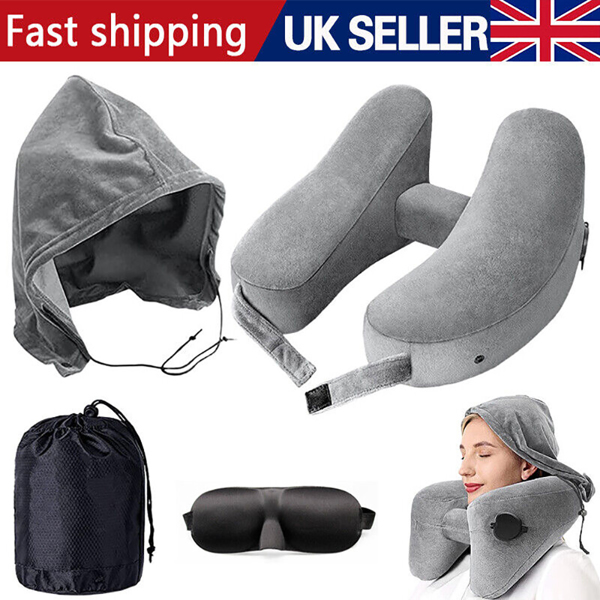 Inflatable Neck Pillow Travel Head Cushion H-Shaped Neck Rest + Hat + Eye Mask A