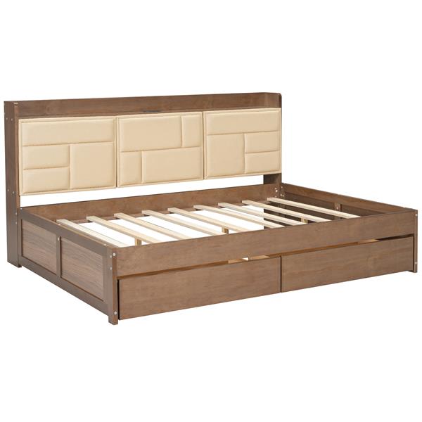 Full Size Wood Daybed with Upholstered Storage Shelves, USB Ports and 2 Drawers, Wood Color