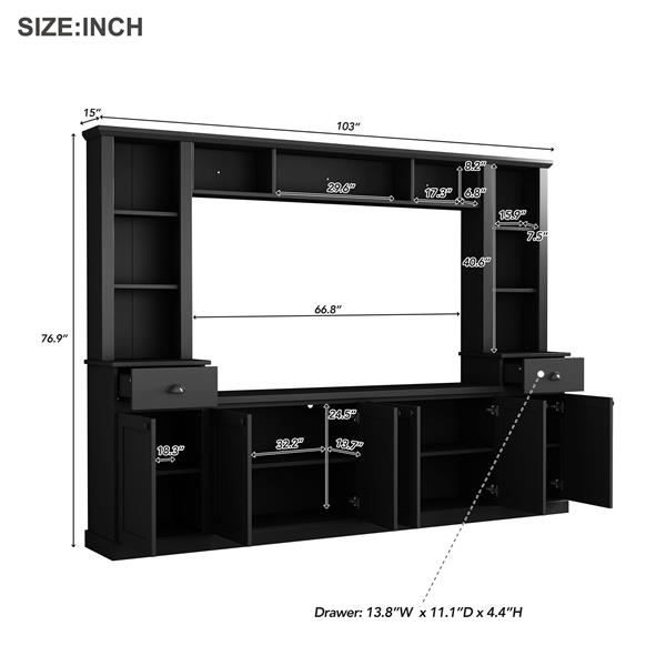 Minimalist Entertainment Wall Unit Set with Bridge for TVs Up to 70'', Ample Storage Space TV Stand with Adjustable Shelves, Modernist Large Media Console for Living Room, Black