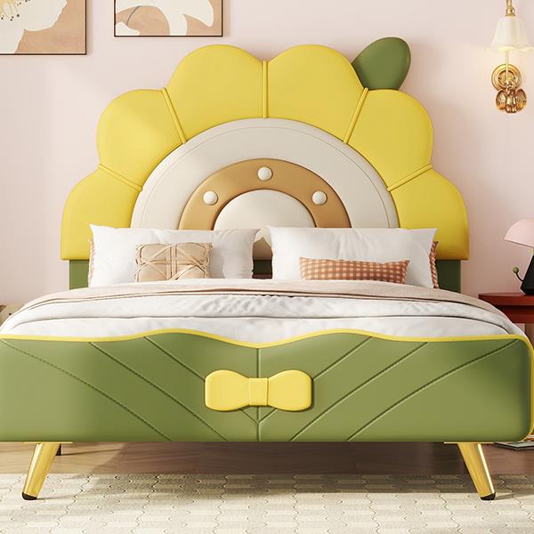 Twin Size Upholstered Platform Bed with Sunflower Shaped Headboard, Green