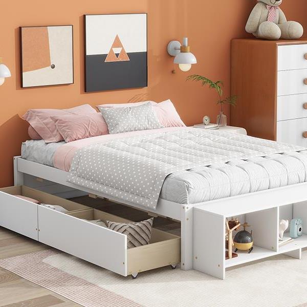 Full Size Bed with Storage Case, 2 Storage drawers, Lengthwise Support Slat,White